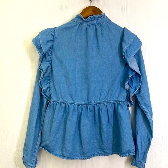 Zara - Ruffle Denim Light Blue Button Down Long Sleeve Top Size Medium - Picture 12 of 12